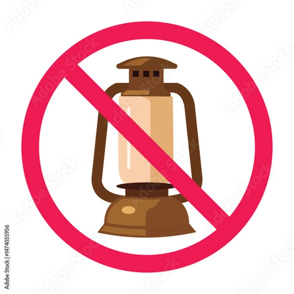 Obraz Forbidden sign with kerosene lamp icon, no kerosene lantern allowed sign, old oil lamp lantern prohibition symbol