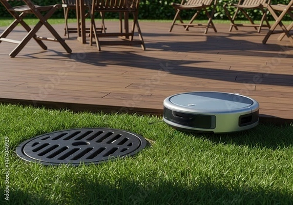 Fototapeta Robot lawnmower on grass near drain with wooden deck and chairs in background