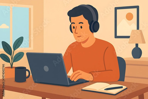 Fototapeta Flat-style illustration of a young man working remotely on a laptop at home. Wearing headphones, he focuses on a task with a notebook, coffee mug, and cozy decor creating a productive workspace.