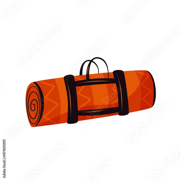 Fototapeta Orange blanket for outdoor recreation, picnic or camping. Rolled rug with handles. Isolated vector illustration on a white background.