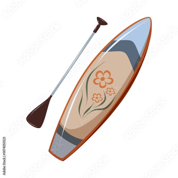 Fototapeta Inflatable SUP board with paddle for summer water recreation. Isolated vector illustration on white background.