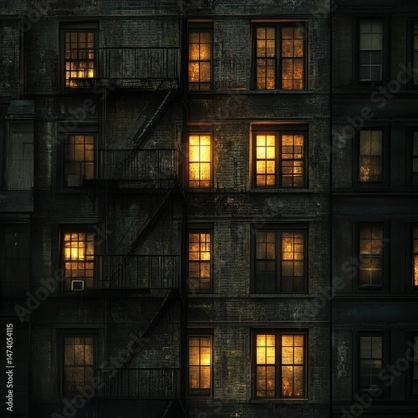 Fototapeta Building at night with light in the windows