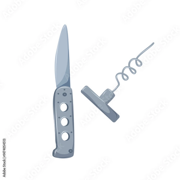 Fototapeta Folding travel knife and corkscrew. Camping equipment and utensils for cooking and opening drinks. Isolated vector illustration on white background.