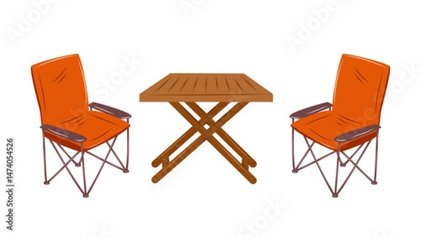 Fototapeta Folding wooden table and chairs. Camping furniture. Isolated vector illustration on white background.