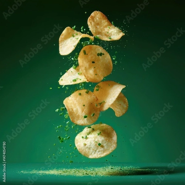 Fototapeta crispy potato chips crisps with onion sour cream flavour spice powder . aspect ratio 1:1