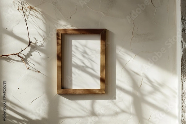 Obraz Wooden Frame on Textured Wall with Branch Shadow