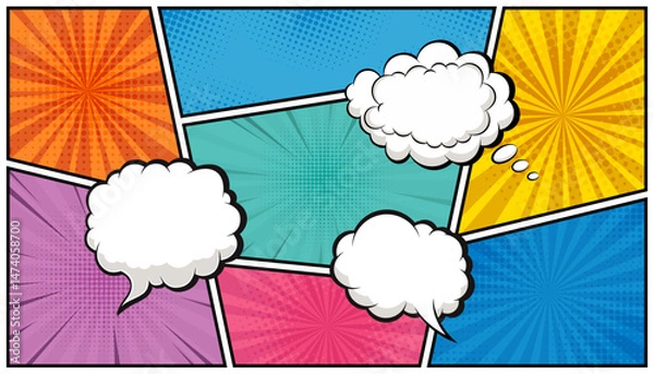 Fototapeta Comic book page template with empty dialog bubbles. Graphic layout with blank speech clouds. Pop art vector background illustration.
