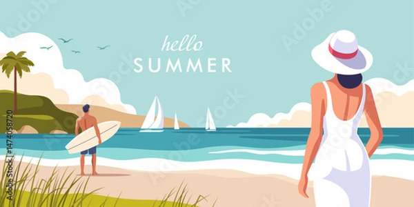 Obraz Summer time. Concept of summer party, vacation and travel. Beautiful summer day at the beach with a woman in a white dress and a man holding a surfboard. Vector illustration.