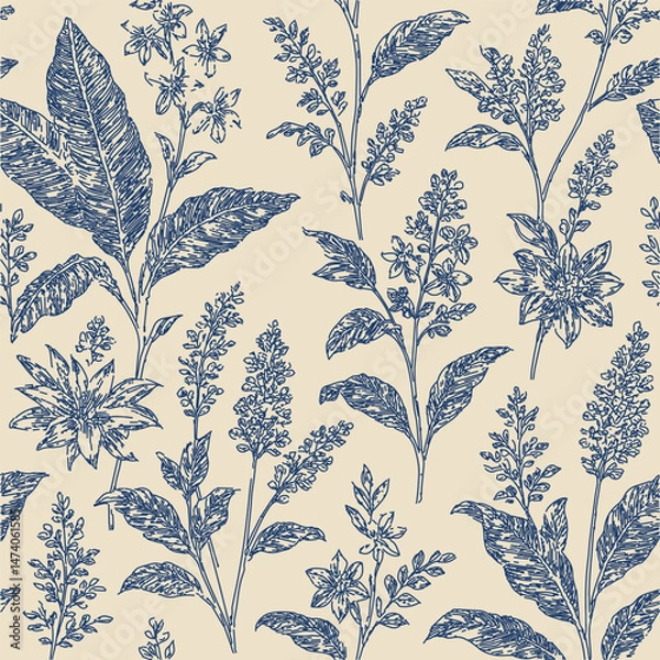Fototapeta Seamless pattern with hand-drawn vintage botanical illustrations. Wildflowers & leaves in detailed blue ink on a cream background. Classic, elegant & rustic design for wallpaper, fabric & home decor