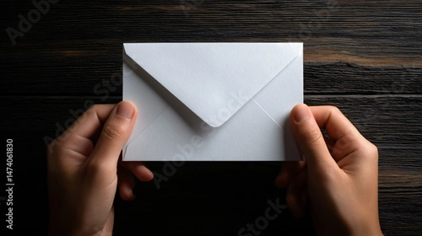 Fototapeta Hands holding a white envelope with a blank board inside quick to mail a message.