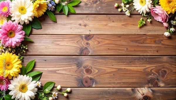Obraz Rustic Wooden Texture with Floral Corner Decorations