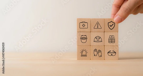 Obraz Work safety and compliance concept. Wooden cube blocks with icon of safety at workplace. Safety first, protections, health, regulations and compliance. Safety in working process. Zero accidents.
