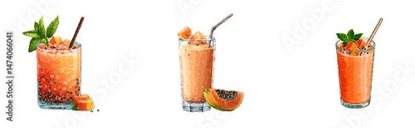 Fototapeta Pixel art of a glass of papaya smoothie with chunk garnish and straw, transparant background.