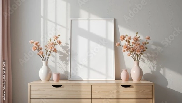 Fototapeta Elegant Minimalist Interior With Flower Vases and Empty Frame on Wooden Dresser Bathed in Soft Light