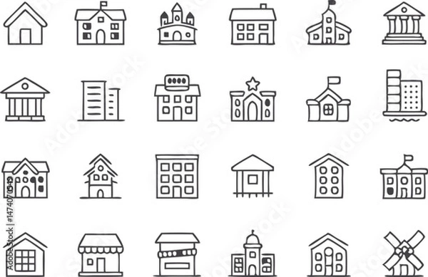 Fototapeta Building thin line icons set. Building, Architecture, House, Hospital, Office, School, Bank, Church, Hotel editable stroke icon. Vector