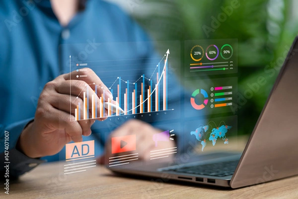 Obraz Digital marketing analysis data management concept, Businessman analysing chart, Strategic marketing, Online sale Engagement, Modern Sales Strategy, Automated technology, Dashboard report of product