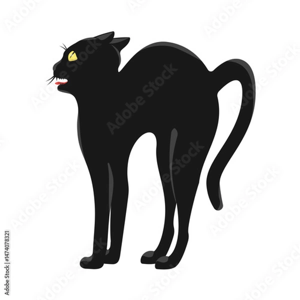 Obraz The black cat hisses and stands in an aggressive pose, isolated against a white background.Vector illustration of a pet.