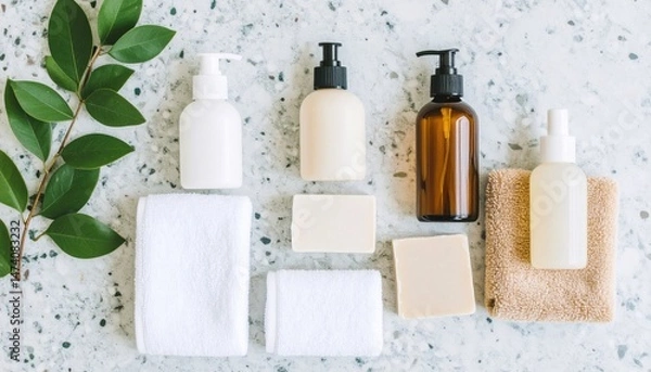 Fototapeta Natural skincare products arrangement minimalist spa setting flat lay composition calm environment aesthetic viewpoint