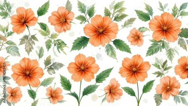 Fototapeta Vibrant Floral Pattern Featuring Orange Flowers and Green Leaves for Nature Inspired Design