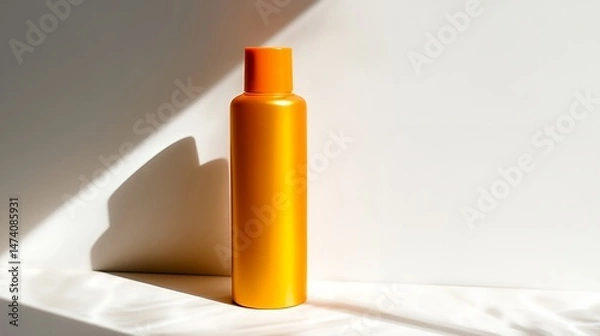 Fototapeta A bottle of sunscreen sits on a white surface, casting a shadow on the wall. The bottle is tall