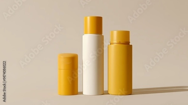 Fototapeta Three bottles of sunscreen are lined up on a table. The bottles are yellow and white
