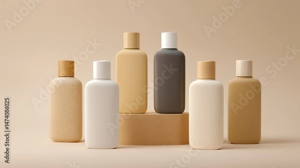 Fototapeta A display of six white bottles, all of which are identical in design but come in different colors