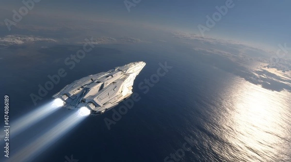 Fototapeta A space ship is flying through the sky above the ocean. The ship is white and has a long