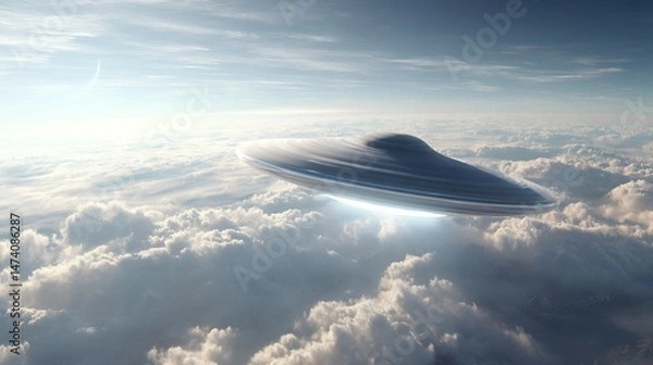 Fototapeta A UFO is flying through the sky above a cloudy day. The sky is filled with clouds