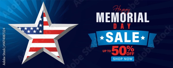 Fototapeta Memorial Day sale banner with flag US in star shape and light beams. Creative promotion poster template, up to 50% off discount for Memorial day. Vector illustration