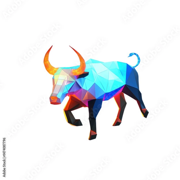 Fototapeta Low Poly Bull, Vibrant Neon Colors, Digital Art, 3D Render