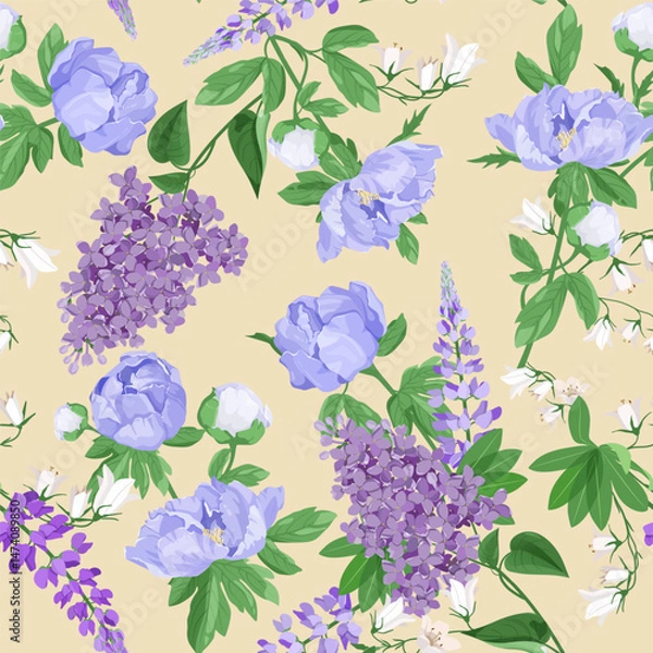 Fototapeta Seamless vector illustration with lilac, lupine, peonies and campanula on a beige background. For decorating textiles and packaging.