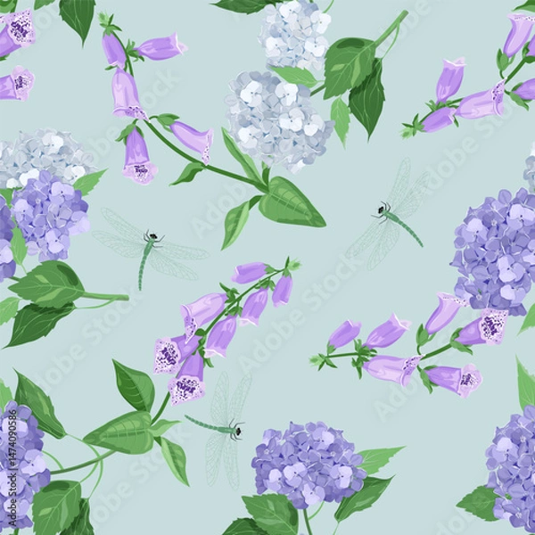 Fototapeta Seamless vector illustration with digitalis, hydrangea and dragonflies on a blue background. For decorating textiles, packaging