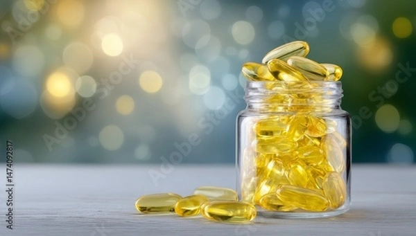Fototapeta Vibrant yellow capsules of fish oil or vitamin D resting on a soft surface, representing health and wellness in a home setting