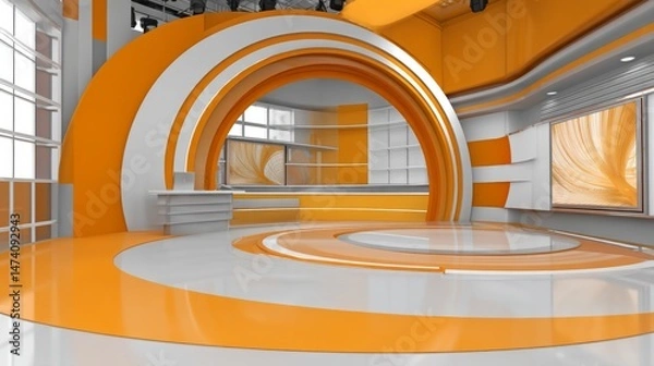 Fototapeta TV news, online shows, and live events can benefit from a virtual studio background with a modern 3D rendering backdrop, compatible with VR tracking system stage sets