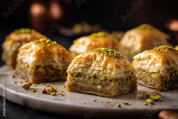 Obraz Traditional baklava sweets with pistachio served on a gray marble plate