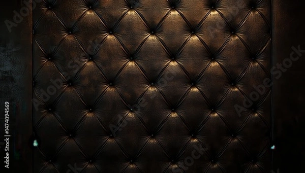 Fototapeta Dark brown leather wall panel with diamond tufted pattern.  Close-up view of the rich, textured surface.  Intricate stitching and decorative buttons create a luxurious aesthetic