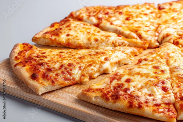 Obraz Four cheese pizza on wooden board, featuring a perfectly baked crust and a rich blend of melted cheeses for a deliciously savory meal