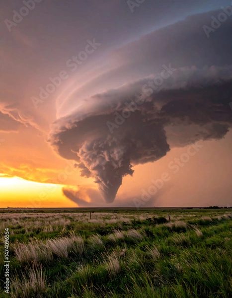 Fototapeta Dramatic cloudscape featuring a supercell storm over a green field at sunset.  Evokes power, natures force, and weather phenomena.  Perfect for illustrating climate change, or resilience.