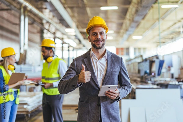 Fototapeta Confident Manager in Factory Settings Giving Thumbs Up Wearing Safety Helmet