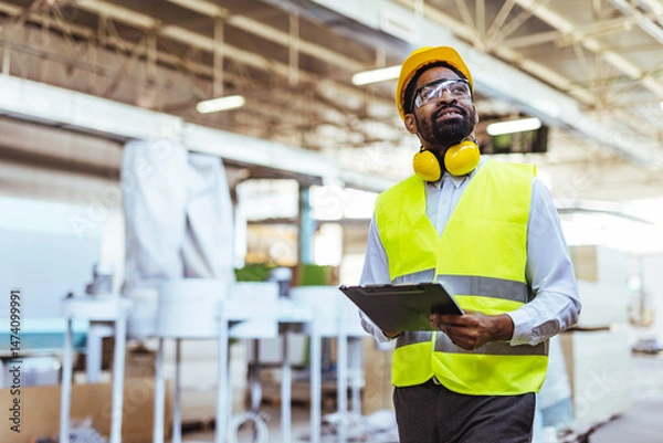 Fototapeta Industrial Worker Inspecting Factory While Holding a Clipboard and Wearing Protective Gear
