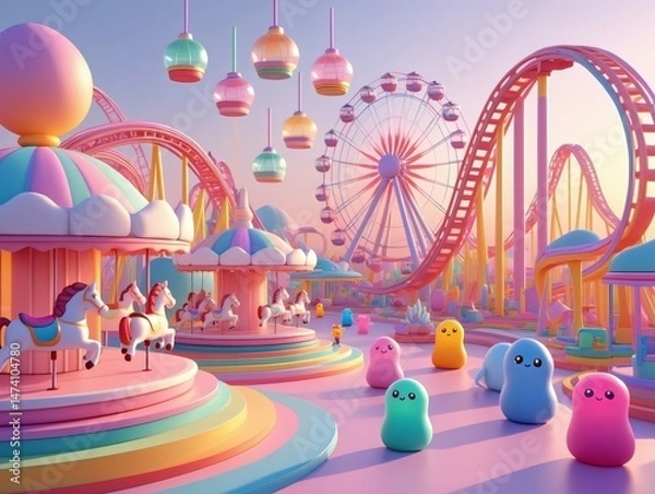 Fototapeta Pastel Dreamland A Whimsical 3D Render of a Funfair with Carousel, Rollercoaster, Ferris Wheel, and Adorable Characters