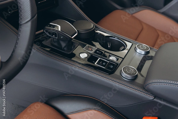 Obraz Modern Car Interior Showing Gear Stick, Cupholder, and Controls