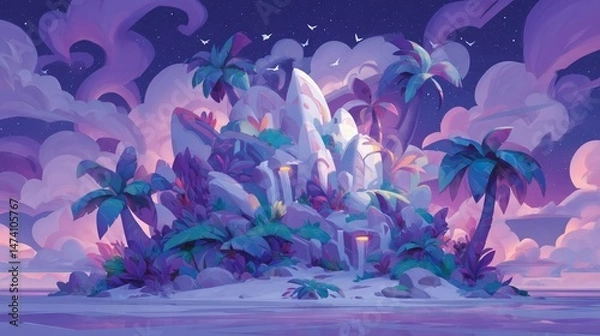 Fototapeta A tropical planet abundant in life supports dense, towering jungle trees, enormous exotic flowers, and strange alien animals that thrive in its unique environment
