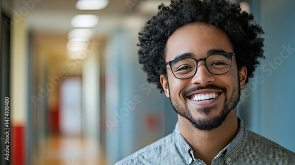Fototapeta Portrait of a smiling man with medium-length brown hair and a well-groomed beard.