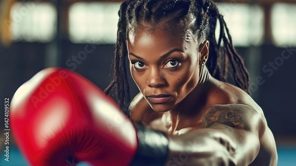 Fototapeta A focused female boxer throws a punch while training in a boxing gym.