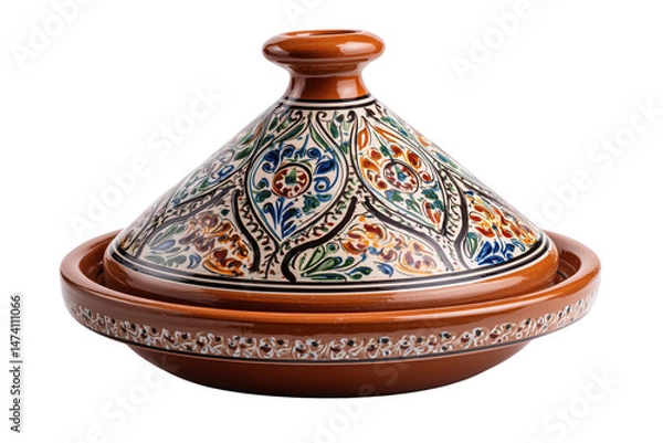 Fototapeta Traditional handmade Moroccan tagine with vibrant design Isolated on transparent Background