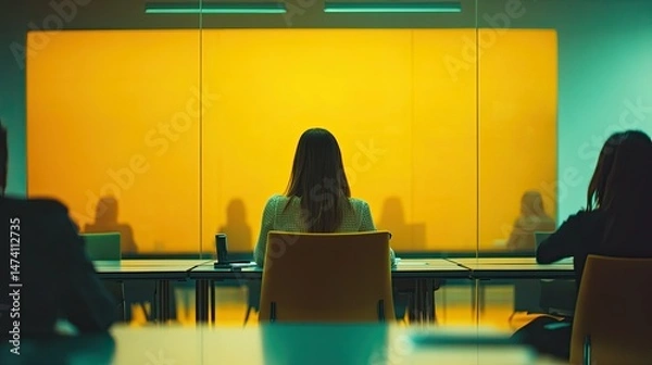 Fototapeta A diverse group of professionals sitting around a modern conference table, engaged in a meeting.