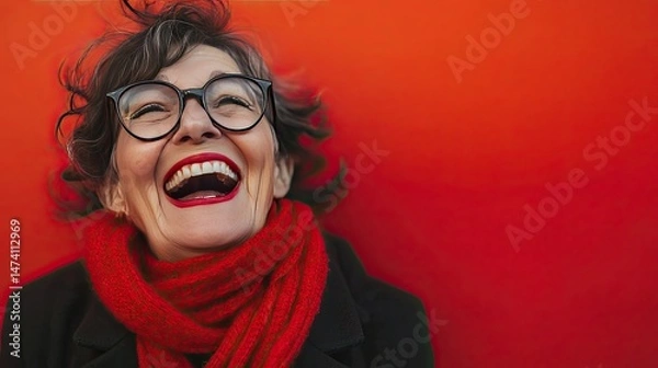 Fototapeta A cheerful older woman with long, silver hair smiles widely, wearing oversized, round glasses and bright red lipstick.
