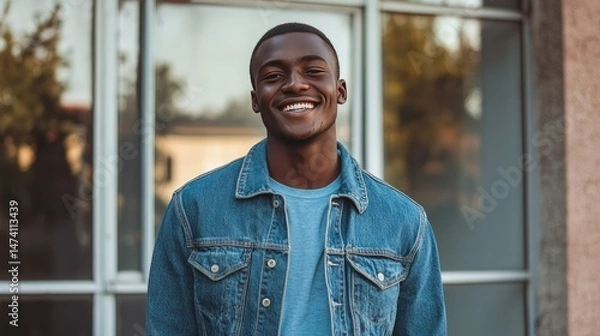 Fototapeta A smiling young man stands confidently at the entrance of a school building, wearing a denim jacket over a gray sweater.