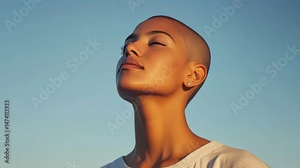 Fototapeta A young person with a shaved head poses sideways, wearing a simple white sleeveless shirt.
